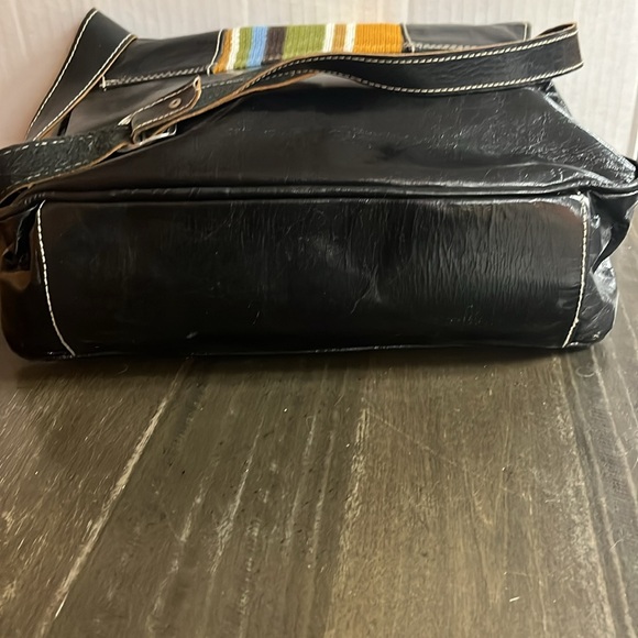 LEATHER FUNKY RETRO CLUTCH DARK BROWN GREEN YELLOW BLUE - Picture 3 of 4